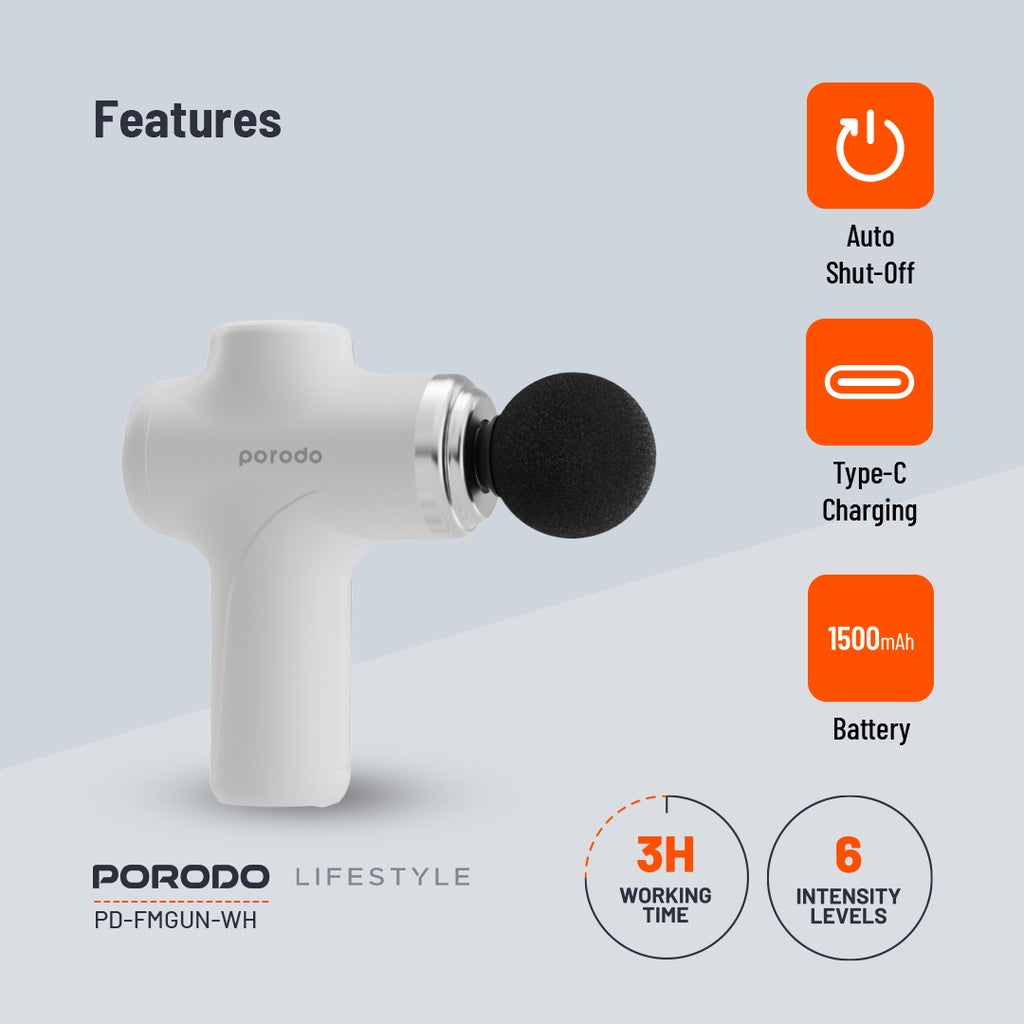 Porodo Lifestyle Precision Handheld Massager with 4 Interchangeable Head - White Porodo Lifestyle Precision Handheld Massager with 4 Interchangeable Head - White